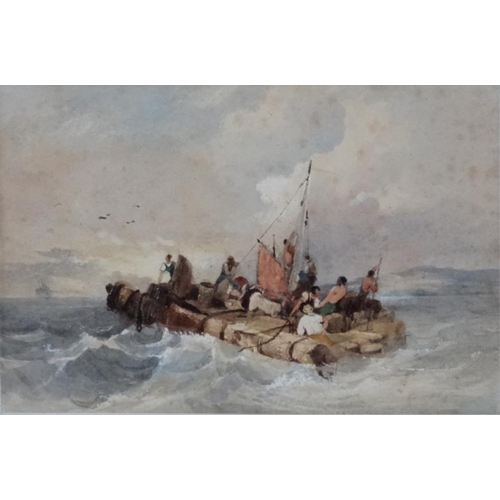 88 - XIX  Marine School, Watercolour and gouache highlights, Ship wrecked figures on a raft making for a ... 