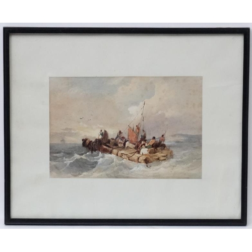 88 - XIX  Marine School, Watercolour and gouache highlights, Ship wrecked figures on a raft making for a ... 