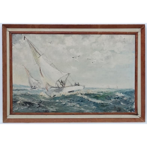 89 - GD Hollington c. 1960 Marine School, Oil on Board, ' Neck to Neck ' two sail yachts racing each othe... 