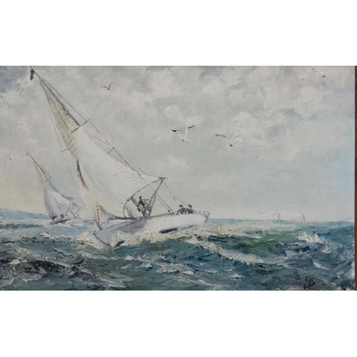 89 - GD Hollington c. 1960 Marine School, Oil on Board, ' Neck to Neck ' two sail yachts racing each othe... 