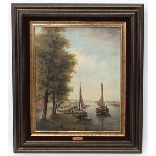 92 - P Peelman  Mid-late XX Dutch, Oil on canvas, Figures unloading sail barges etc. on a river, Signed l... 