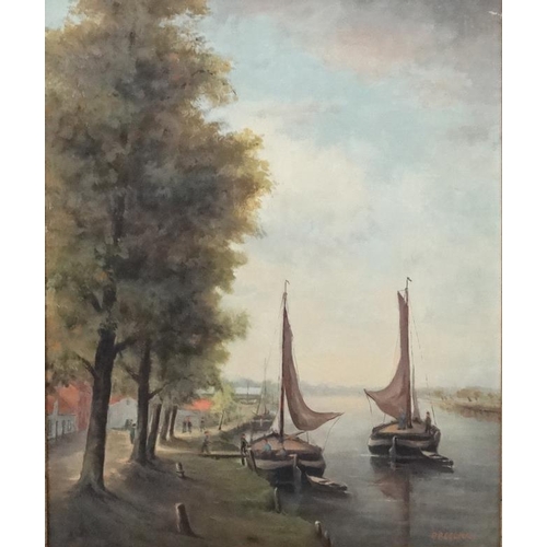 92 - P Peelman  Mid-late XX Dutch, Oil on canvas, Figures unloading sail barges etc. on a river, Signed l... 