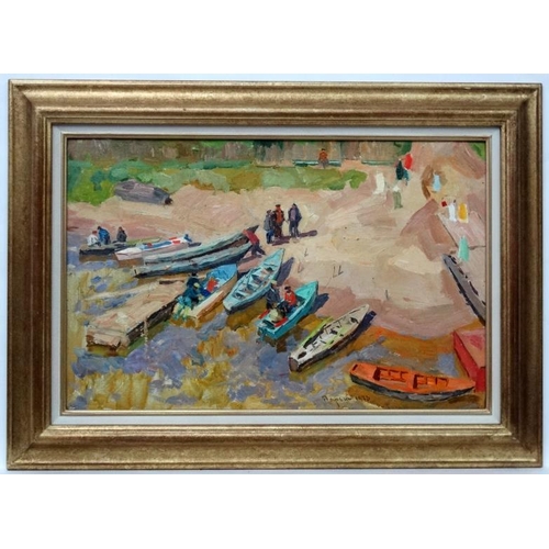 93 - Daryin Gennady Alexandrovitch (1922-2012) Russian School.   Oil on board,  '' Fishing boats'', Boats... 