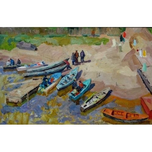 93 - Daryin Gennady Alexandrovitch (1922-2012) Russian School.   Oil on board,  '' Fishing boats'', Boats... 