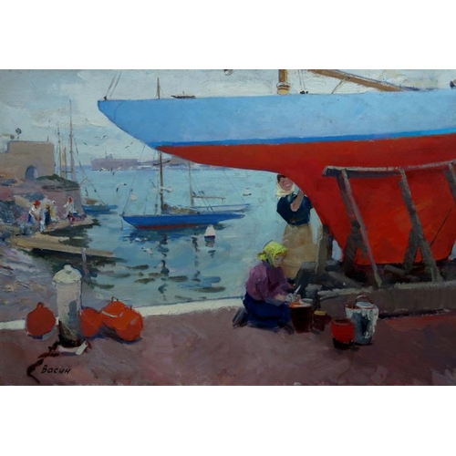 95 - Vasin Viktor Feodorovitch (1919-1997), Russian School.  Oil on cardboard, ''At the port'', Boatyard ... 