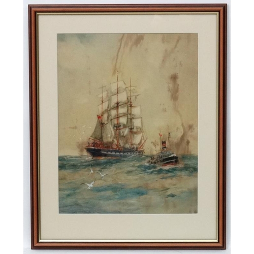 96 - Attributed to Frank H.Mason (1876-1965) Marine School, Watercolour and gouache, A 3 masted sail wars... 