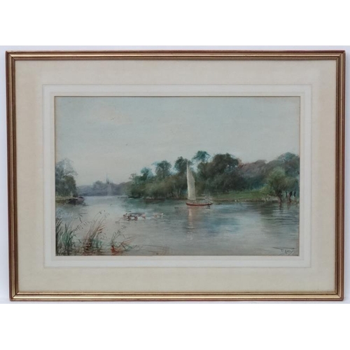 97 - Henry Charles Fox (1860-1929), Watercolour and gouache 1897, River scene with figure in a sail boat,... 