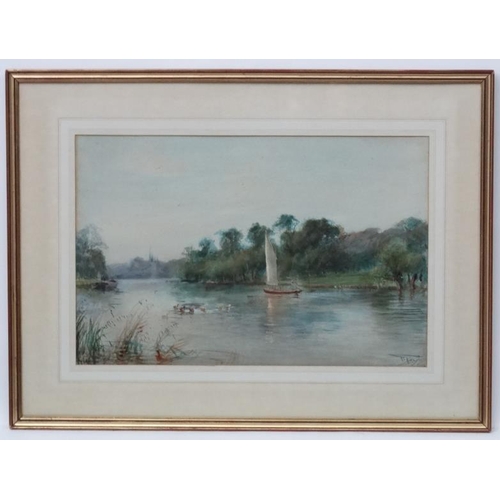 97 - Henry Charles Fox (1860-1929), Watercolour and gouache 1897, River scene with figure in a sail boat,... 