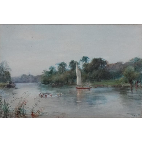 97 - Henry Charles Fox (1860-1929), Watercolour and gouache 1897, River scene with figure in a sail boat,... 