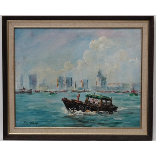 98 - Ray Melhop c. 1980  New Zealand,  Oil on Canvas Foundation board,  '' Singapore '' The harbour with ... 