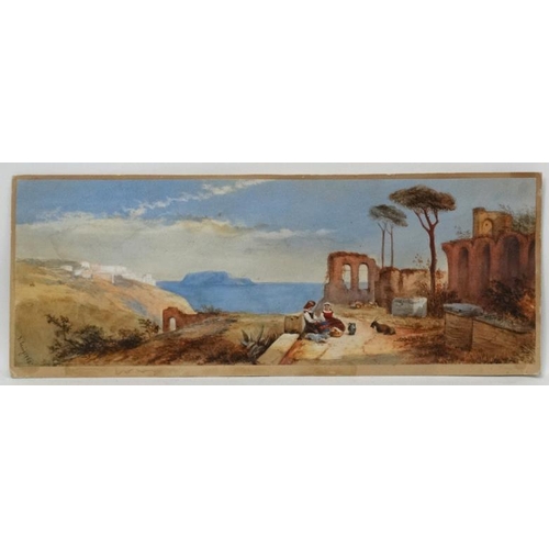 99 - J Laing XIX Italian School, Watercolour and gouache, Figures and a goat sat amongst ruins near sea's... 