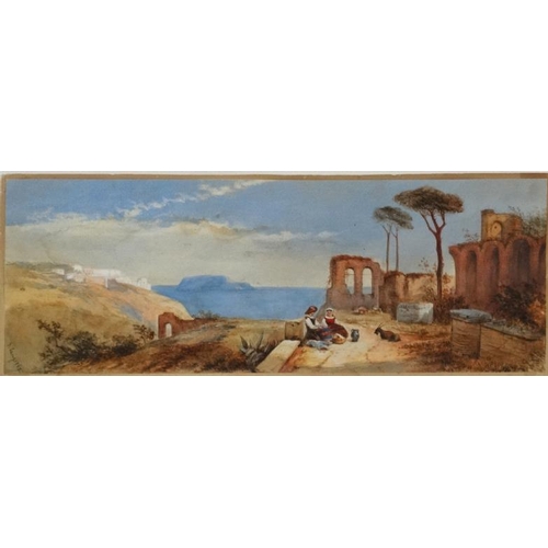 99 - J Laing XIX Italian School, Watercolour and gouache, Figures and a goat sat amongst ruins near sea's... 