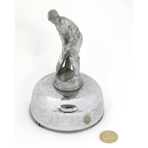 114 - Cricket Interest: A silver plated model of a cricketer ( batsman ) mounted on a chromium domed base,... 