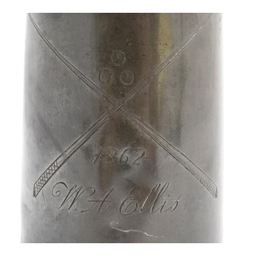 117 - Billiards / Snooker: an 1862 pewter 'Tappit hen' tankard with glass base by James Dixon & Sons , hav... 