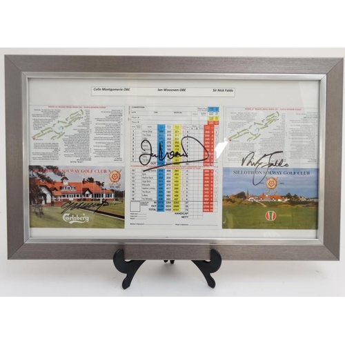 131 - Golf: Three signed Siloth Golf Club score cards, autographed by Sir Nick Faldo, Ian Woosnam OBE and ... 