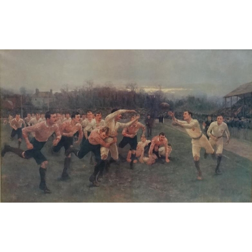 134 - Rugby :   After William Barnes Wollen 1893, Coloured print, ' The Roses Match ' Yorkshire v Lancashi... 