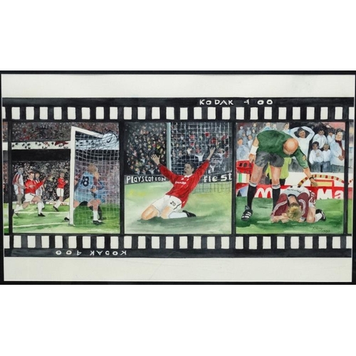 135 - Football : after J Percy, Watercolour, Manchester United League Treble Winners 1999, Signed and date... 