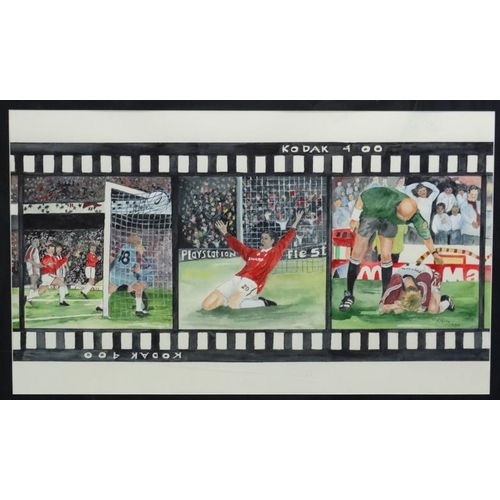 135 - Football : after J Percy, Watercolour, Manchester United League Treble Winners 1999, Signed and date... 