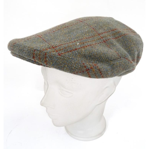 188 - Country clothing : A tweed flat cap by Marlin , green plaid overall with lean sky blue , rust and sc... 