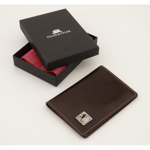 257 - Rugby interest: A Tyler & Tyler leather card holder with image to one corner of a rugby player in si... 