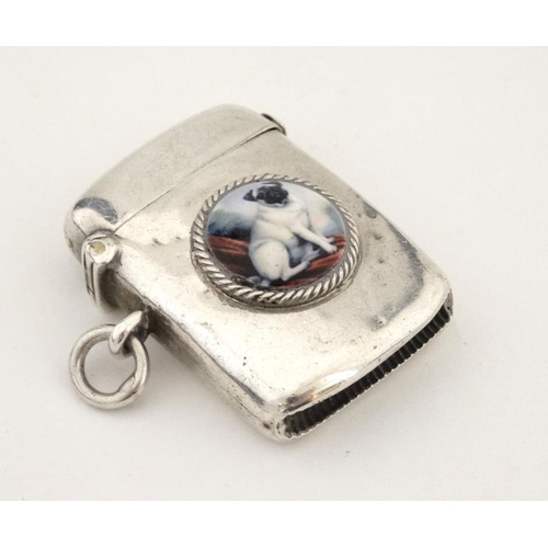 265 - A silver vesta case hallmarked Chester 1902 with later applied 21stC ceramic cabochon depicting imag... 