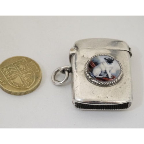 265 - A silver vesta case hallmarked Chester 1902 with later applied 21stC ceramic cabochon depicting imag... 