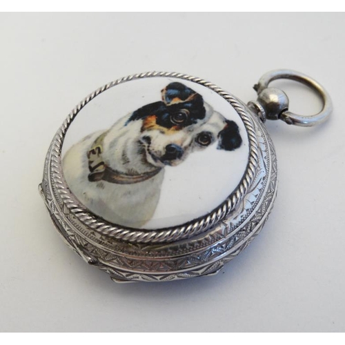 269 - A ladies hallmarked silver pocket watch with later applied ceramic cabochon decorated with  head of ... 