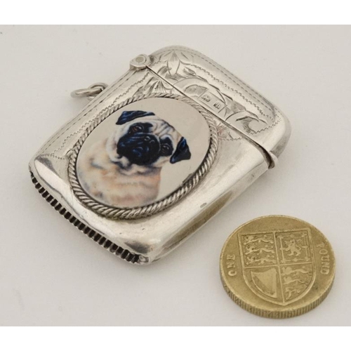 278 - A hallmarked silver vesta case with later applied 21stC ceramic cabochon depicting image of a pug do... 