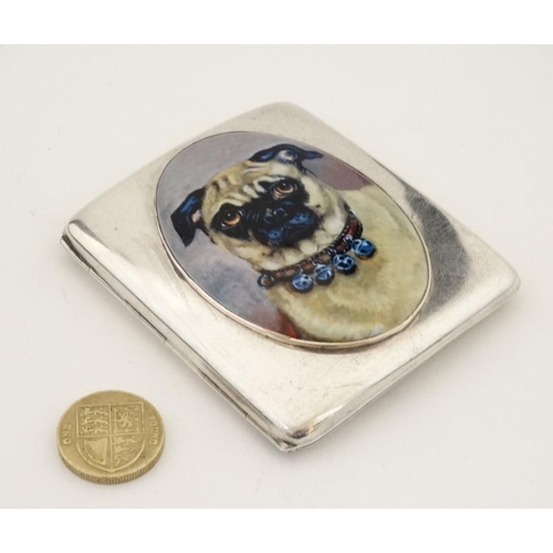 287 - A silver cigarette case having later applied 21stC enamel decorated cabochon depicting a pug dog. 3 ... 