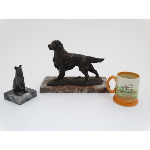 67 - Gun Dog : a bronzed sculpture of a Labrador Retriever stood on a rouge marble plinth together with a... 