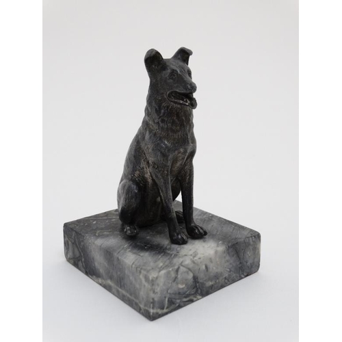 67 - Gun Dog : a bronzed sculpture of a Labrador Retriever stood on a rouge marble plinth together with a... 