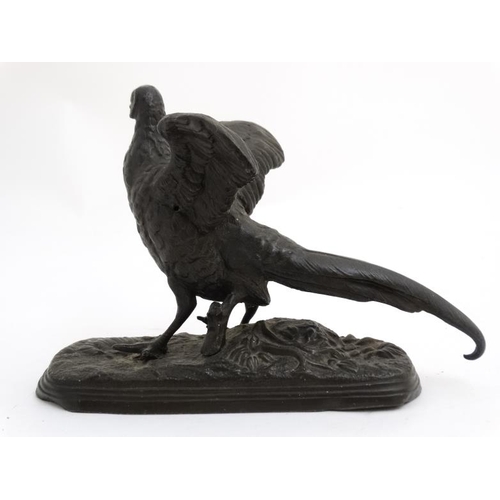 72 - A late 19 thC Spelter figure of a pheasant on an oblong base. 7 3/4'' long x 5 1/4'' high