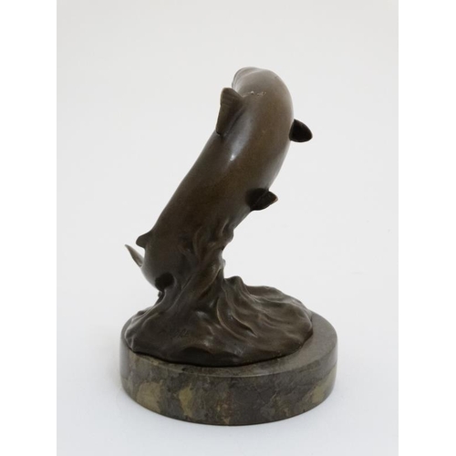 73 - Fly Fishing Bronze Sculpture :  Andre late XX Patinated bronze sculpture on polished circular marble... 