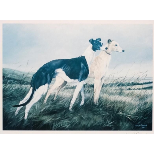 86 - David French (1939), Signed coloured print, 'This Noble Breed ' greyhounds standing in a field 1994,... 