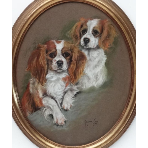 87 - Marjorie Cox ( 1915-2003 ) Pastel Oval , Canine School Portrait of a pair of King Charles Spaniel do... 