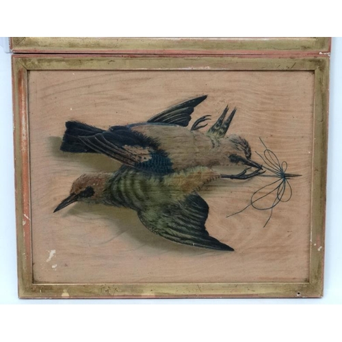 94 - French Trompe l Oeil  c.1910 Embossed card / polychromed lithographs x 2 Two pairs of birds hanging ... 