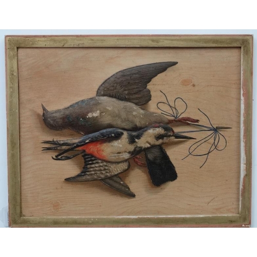 94 - French Trompe l Oeil  c.1910 Embossed card / polychromed lithographs x 2 Two pairs of birds hanging ... 