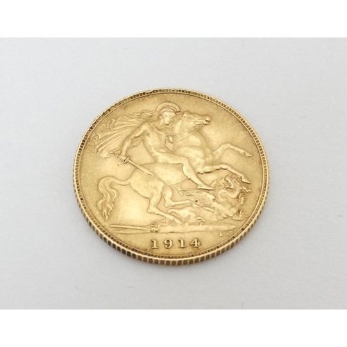 1019 - 1/2 Sovereign coin: Georgivs V , 1914  , 22 ct gold Half Sovereign, 4 g