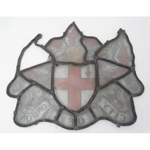 1033 - An Armorial Stained glass section bearing crest and titled 'City of London' with lead came. Approx 1... 