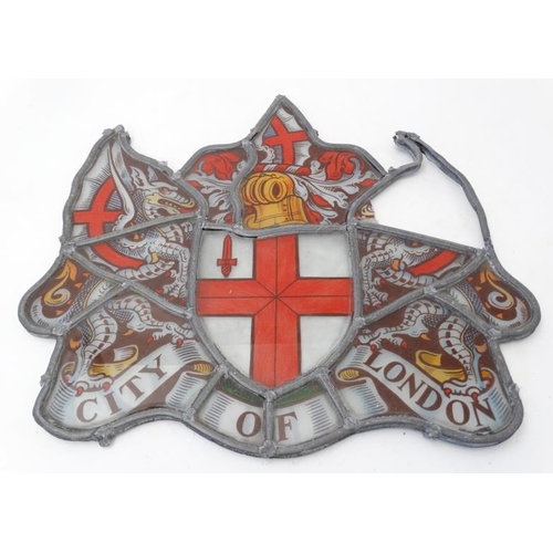 1033 - An Armorial Stained glass section bearing crest and titled 'City of London' with lead came. Approx 1... 