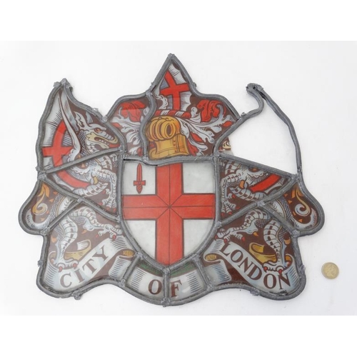 1033 - An Armorial Stained glass section bearing crest and titled 'City of London' with lead came. Approx 1... 