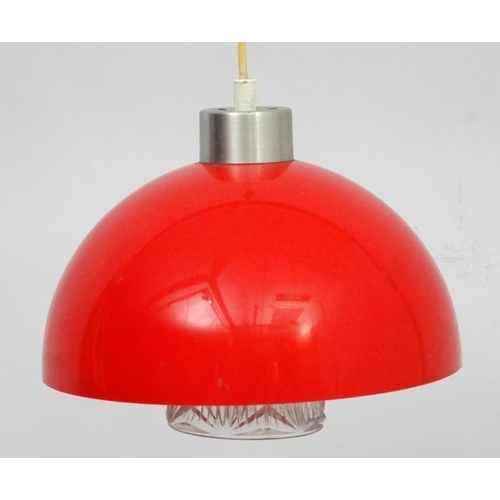 111 - Vintage Retro : a Scandinavian Pendant Hemispherical  lamp / light   of red plastic and moulded glas... 