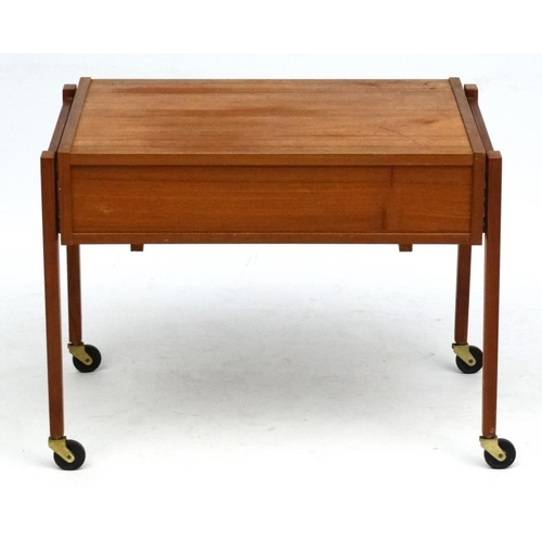 117 - Vintage Retro : A near pair  of Danish teak bedside cabinets / trolleys with frieze drawers , approx... 