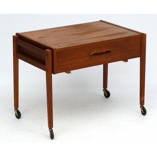 117 - Vintage Retro : A near pair  of Danish teak bedside cabinets / trolleys with frieze drawers , approx... 