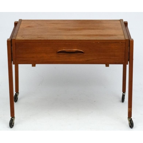 117 - Vintage Retro : A near pair  of Danish teak bedside cabinets / trolleys with frieze drawers , approx... 