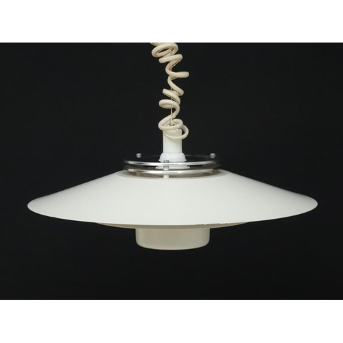 119 - Vintage Retro : a Danish PH style pendant Rise and Fall light with white livery and two chromed ring... 