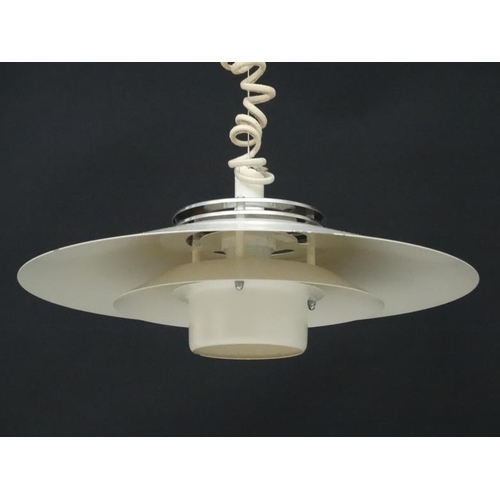 119 - Vintage Retro : a Danish PH style pendant Rise and Fall light with white livery and two chromed ring... 