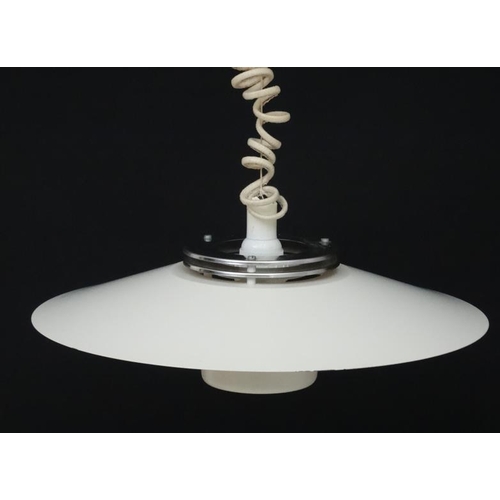 119 - Vintage Retro : a Danish PH style pendant Rise and Fall light with white livery and two chromed ring... 