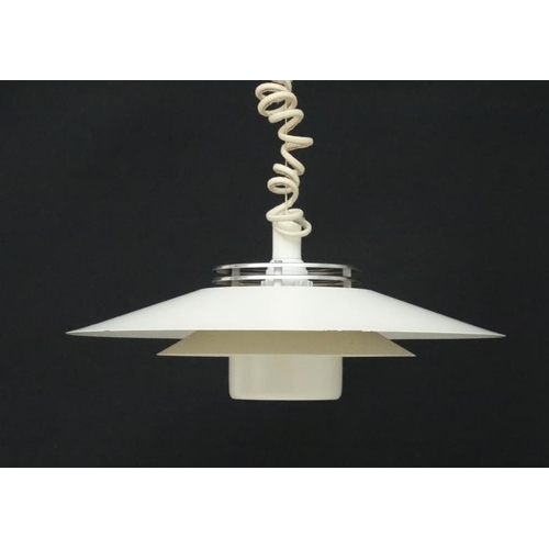 119 - Vintage Retro : a Danish PH style pendant Rise and Fall light with white livery and two chromed ring... 