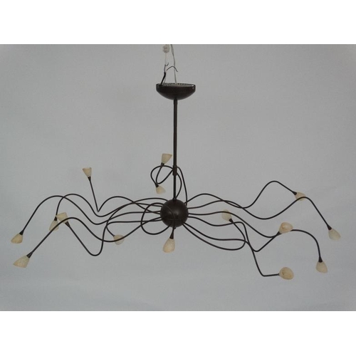 121 - Mid Century : a patinated bronze finish ceiling light , a Spider Ceiling Lamp ,  having 15 arms, 54'... 